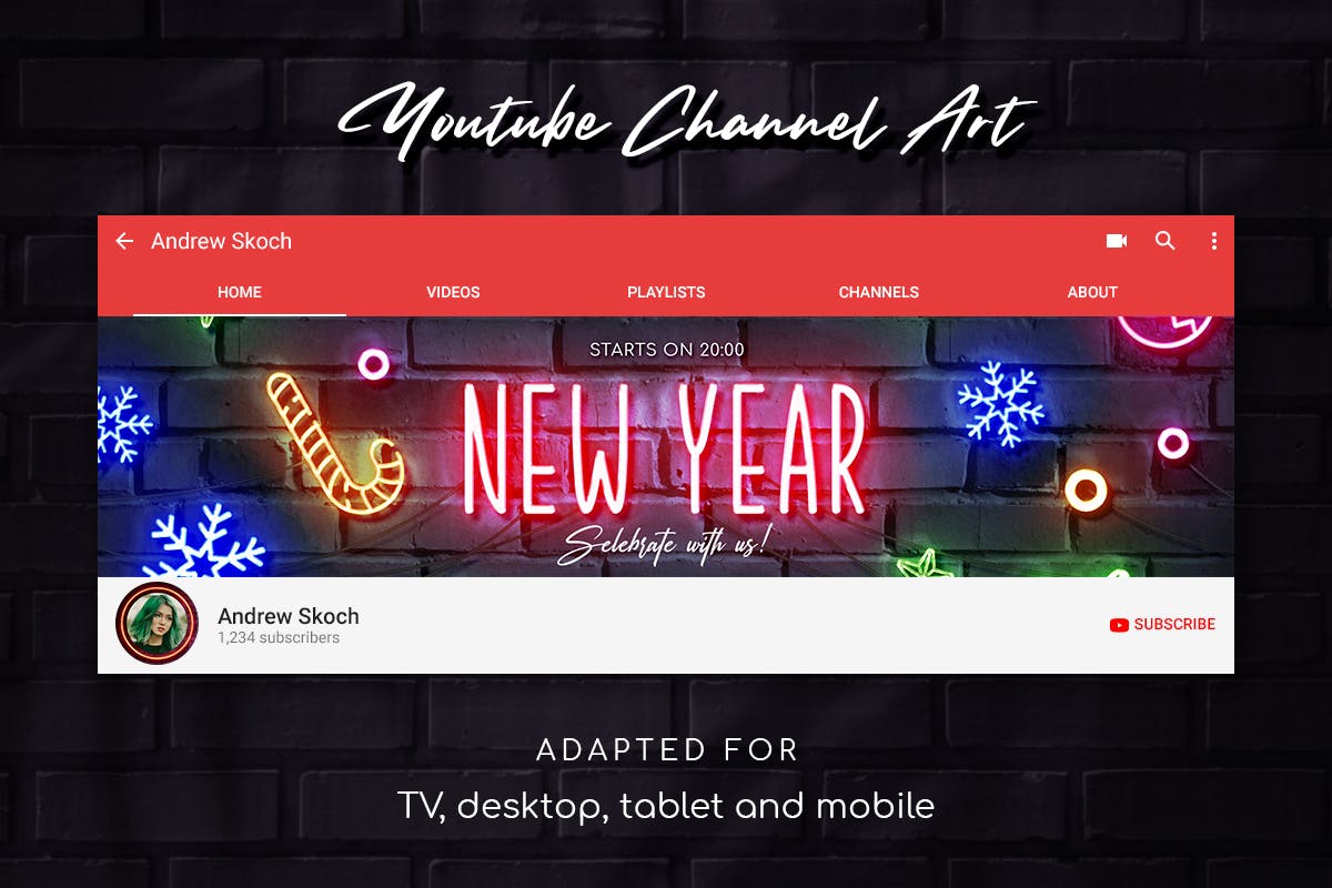 YouTube Banner频道模板圣诞霓虹灯效果 Christmas Neon YouTube设计素材模板