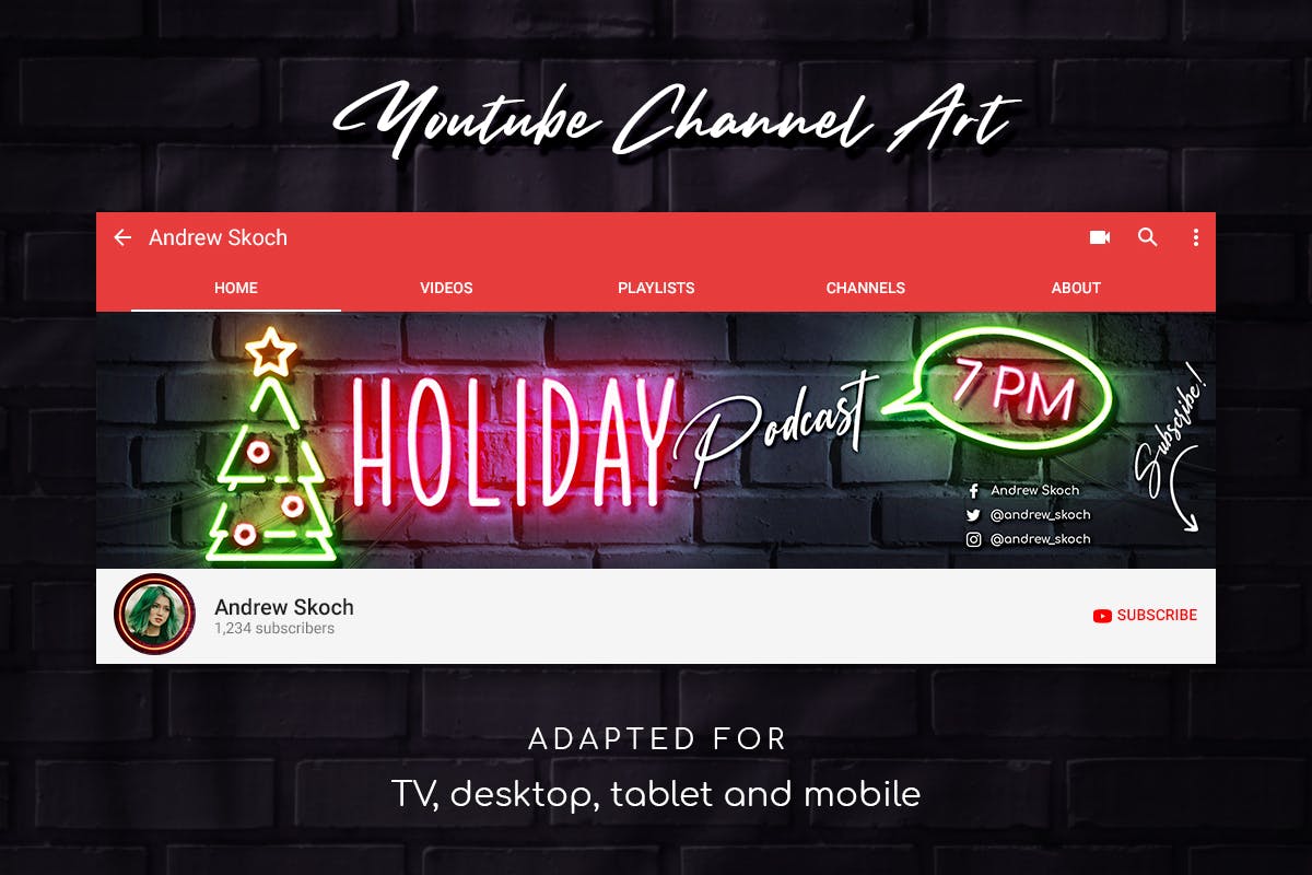 YouTube Banner频道模板圣诞霓虹灯效果 Christmas Neon YouTube设计素材模板
