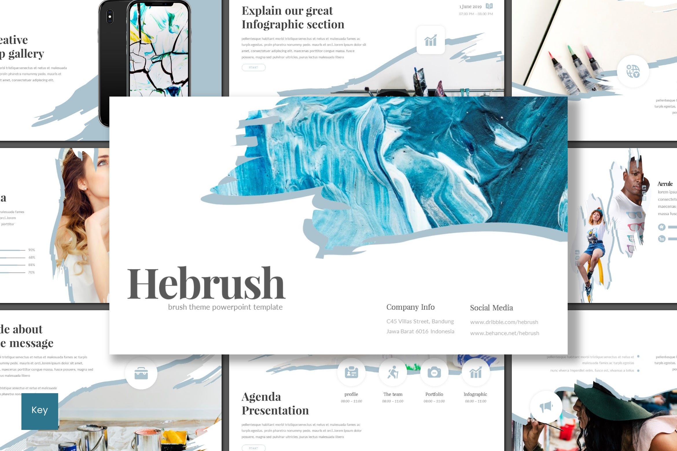 Keynote演示文稿绘画笔刷主题 Hebrush – Keynote Template设计素材模板